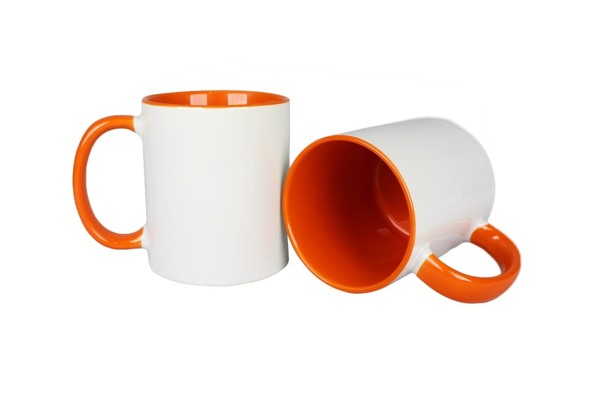 CANECA BRANCA INTERIOR E ALÇA LARANJA CILÍNDRICA CERÂMICA 325ML