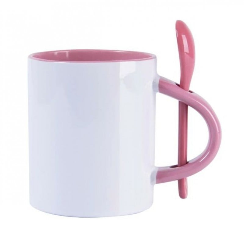 CANECA RETA COM COLHER ROSA CILÍNDRICA DE CERÂMICA 325ml 