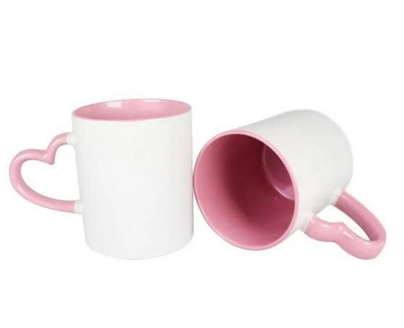 CANECA ALÇA CORAÇÃO ROSA CILÍNDRICA CERÂMICA 325ml 