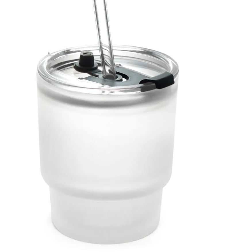 Copo de Vidro Jateado com Tampa de Acrílico e Canudo de Vidro - 400ml para Sublimação 