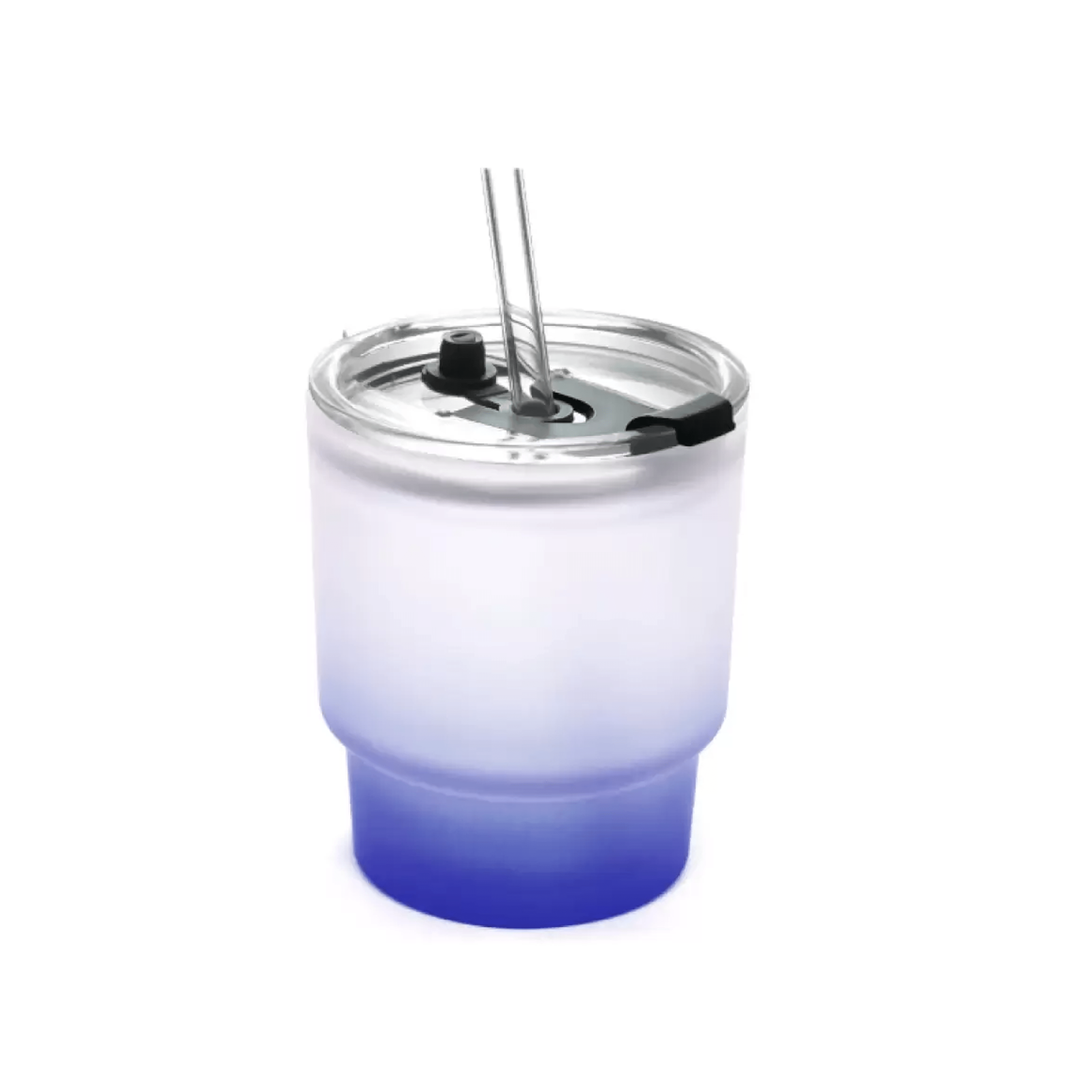 Copo de Vidro Jateado Degradê Azul Escuro com Tampa de Acrílico e Canudo de Vidro - 400ml para Sublimação