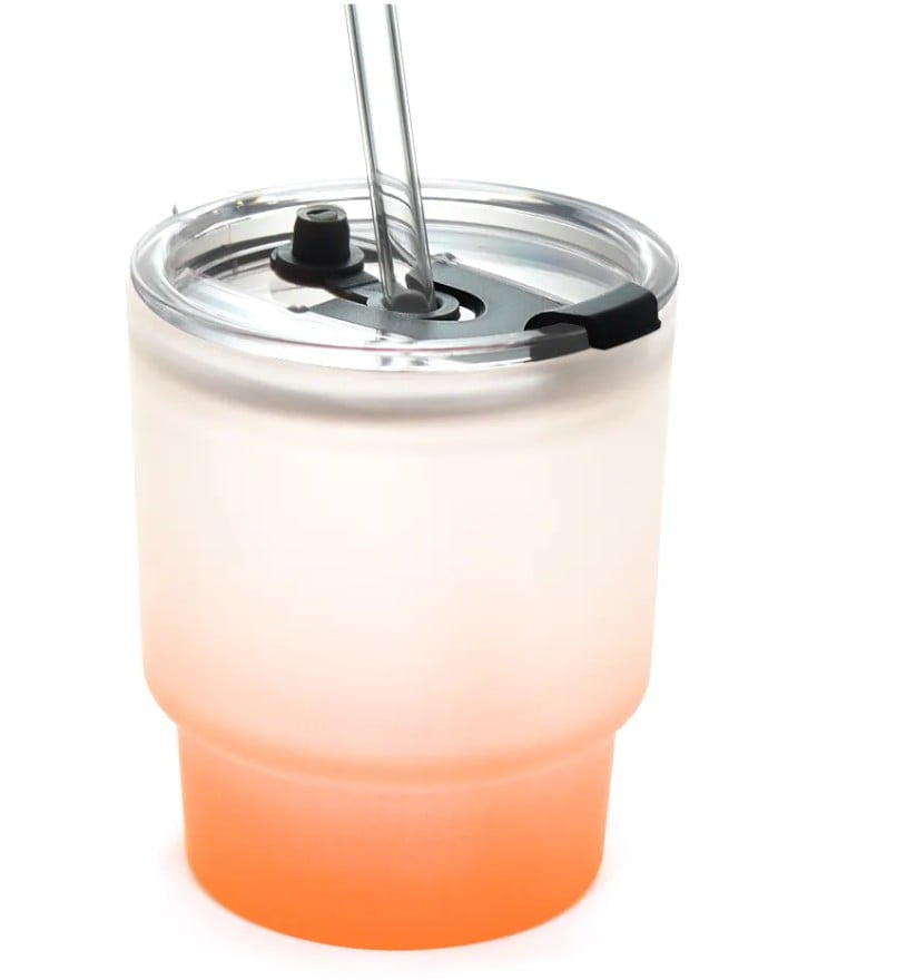 Copo de Vidro Jateado Degradê Laranja com Tampa de Acrílico e Canudo de Vidro - 400ml para Sublimação