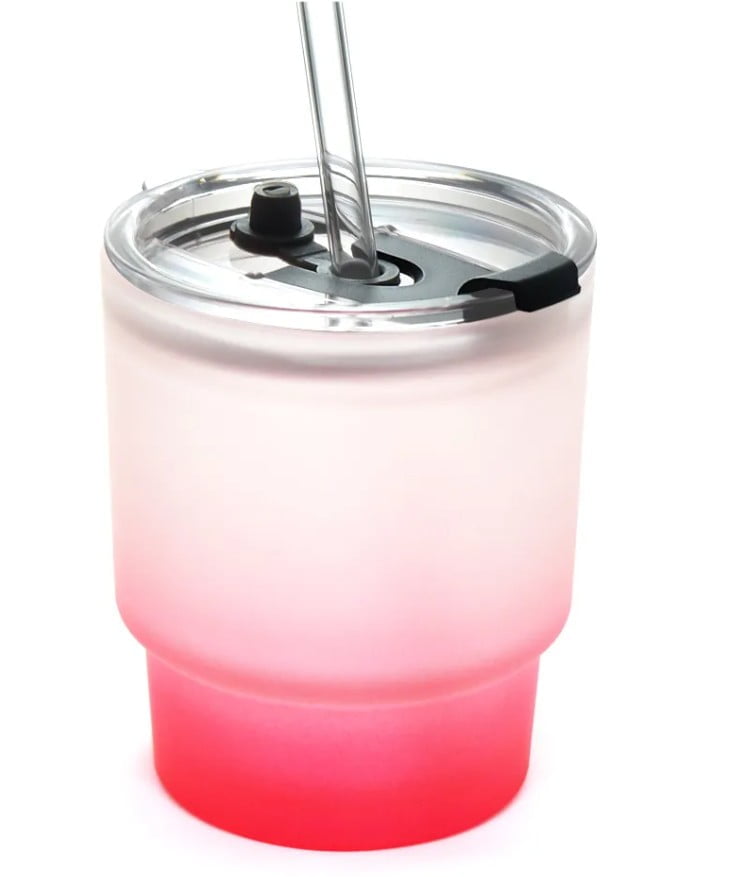 Copo de Vidro Jateado Degradê Vermelho com Tampa de Acrílico e Canudo de Vidro - 400ml para Sublimação