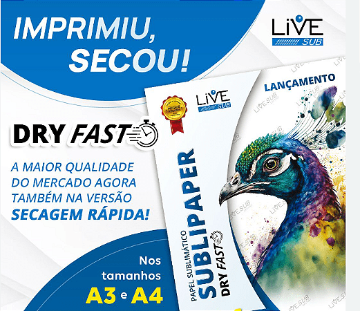 PAPEL P/ SUBLIMACAO LIVE SUBLIPAPER DRY FAST A4 100gr. (PCT C/ 100 FOLHAS)