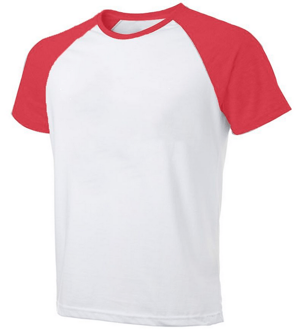 CAMISETA ADULTO RAGLAN BRANCA COM MANGA VERMELHA 100% POLIÉSTER TAMANHO GG