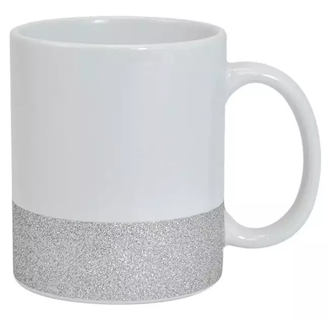 CANECA C/ GLITTER NA BASE PRATA CILÍNDRICA CERÂMICA 325ml