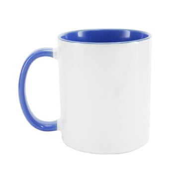 CANECA BRANCA INTERIOR E ALÇA AZUL MÉDIO CILÍNDRICA CERÂMICA 325ML