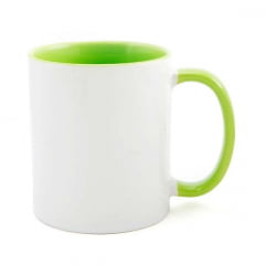 CANECA BRANCA INTERIOR E ALÇA VERDE CLARO CILÍNDRICA CERÂMICA 325ML