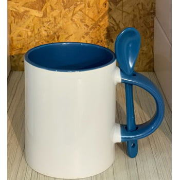 CANECA RETA COM COLHER PRETA CILÍNDRICA DE CERÂMICA 325ml 