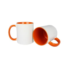 CANECA BRANCA INTERIOR E ALÇA LARANJA CILÍNDRICA CERÂMICA 325ML