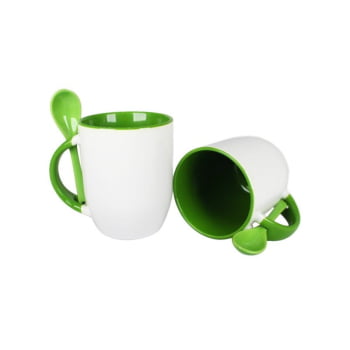 CANECA COM COLHER VERDE DE CERÂMICA DE 325ML