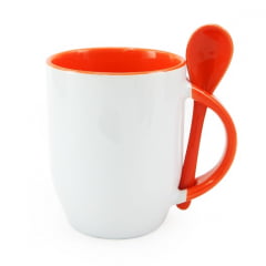 CANECA COM COLHER LARANJA DE CERÂMICA 325ML