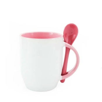 CANECA COM COLHER ROSA DE CERÂMICA 325ML