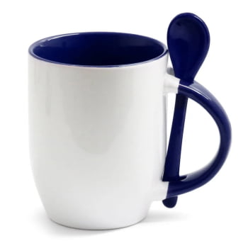 CANECA COM COLHER AZUL MARINHO SEMI CONICA DE CERÂMICA 325ml 