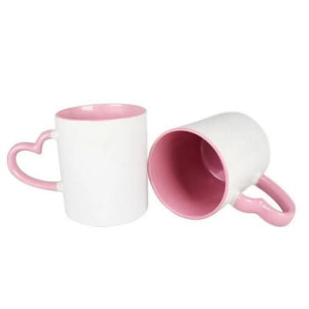 CANECA ALÇA CORAÇÃO ROSA CILÍNDRICA CERÂMICA 325ml 