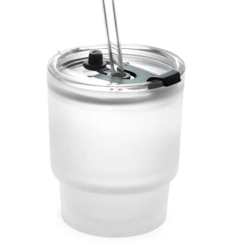 Copo de Vidro Jateado com Tampa de Acrílico e Canudo de Vidro - 400ml para Sublimação 