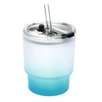Copo de Vidro Jateado Degradê Azul Tiffany com Tampa de Acrílico e Canudo de Vidro - 400ml para Sublimação