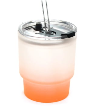 Copo de Vidro Jateado Degradê Laranja com Tampa de Acrílico e Canudo de Vidro - 400ml para Sublimação