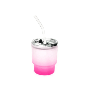 Copo de Vidro Jateado Degradê Rosa com Tampa de Acrílico e Canudo de Vidro - 400ml para Sublimação