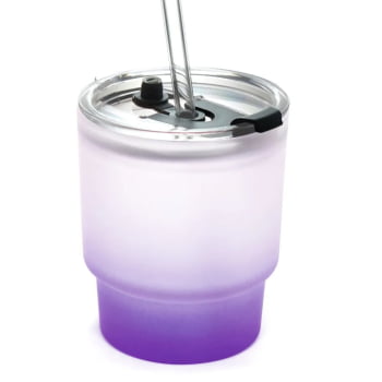 Copo de Vidro Jateado Degradê Roxo com Tampa de Acrílico e Canudo de Vidro - 400ml para Sublimação