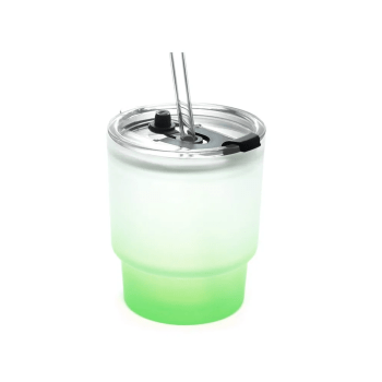 Copo de Vidro Jateado Degradê Verde com Tampa de Acrílico e Canudo de Vidro - 400ml para Sublimação
