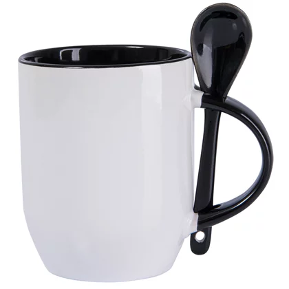 CANECA COM COLHER PRETA DE CERÂMICA 325ML 